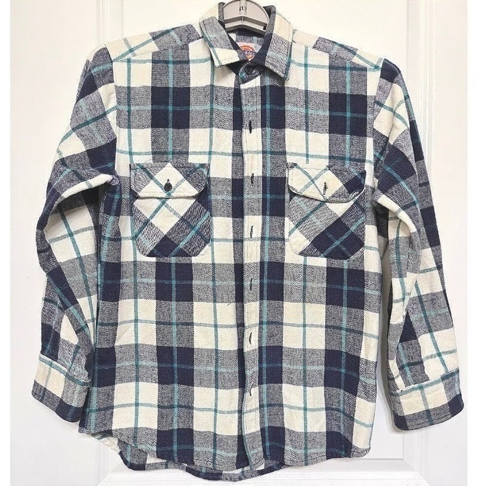 Dickies Plaid Flannel Shirt Men's Small Blue Green Long Sleeve Button Front
